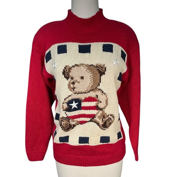 Vintage Talbots HandKnit Teddy Bear Sweater Size Small USA Flag Red Blue White - Picture 1 of 11